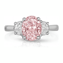 3.5 Carat Oval Pink Lab Grown Diamond and White Diamond Three Stone Ring 14K White Gold