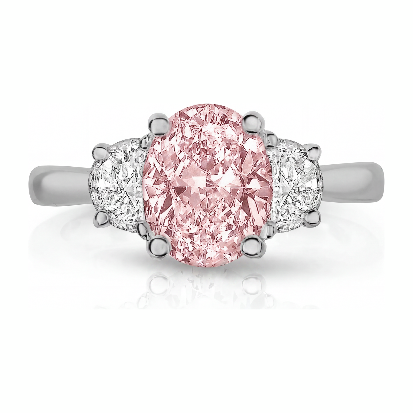 3.5 Carat Oval Pink Lab Grown Diamond and White Diamond Three Stone Ring 14K White Gold