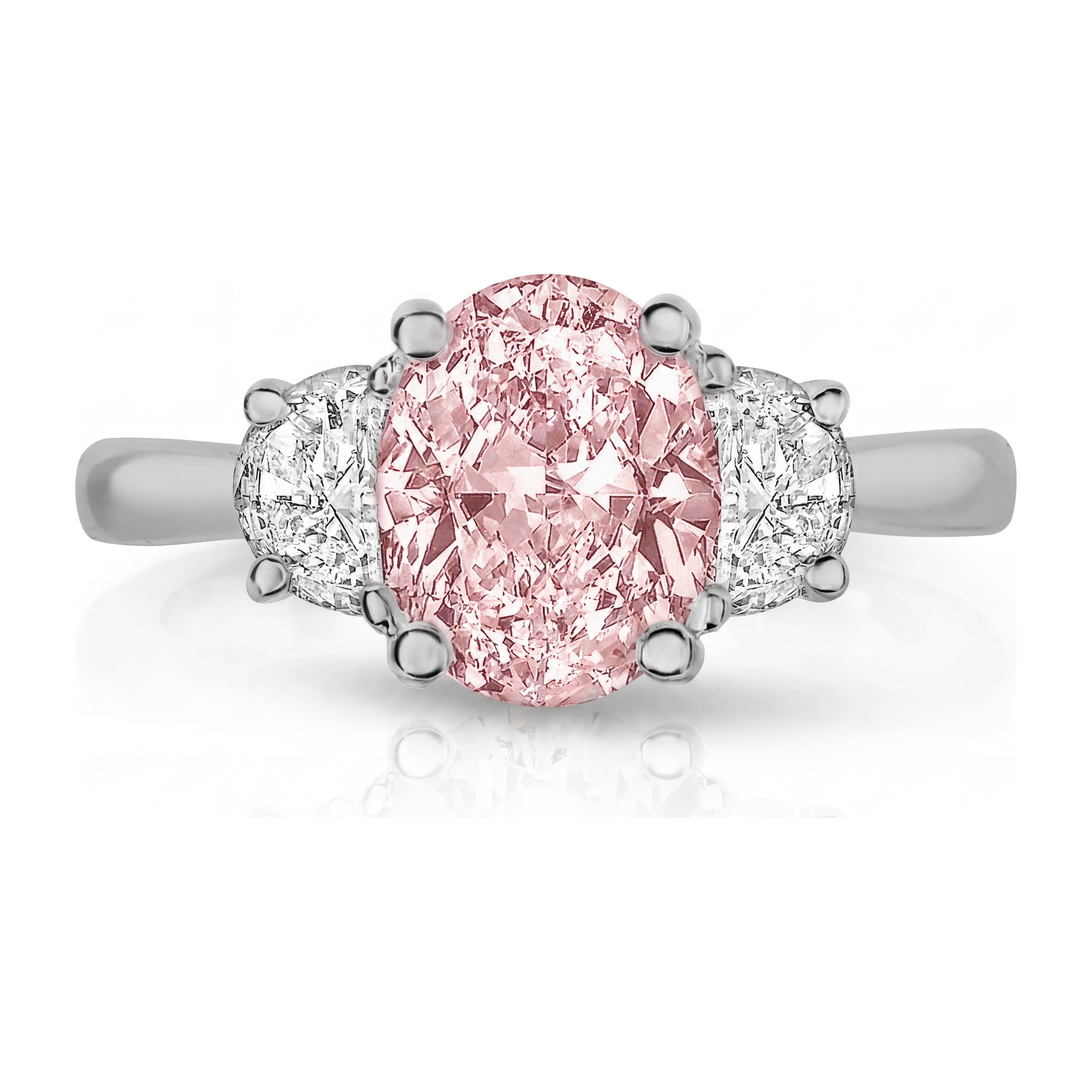 3.5 Carat Oval Pink Lab Grown Diamond and White Diamond Three Stone Ring 14K White Gold