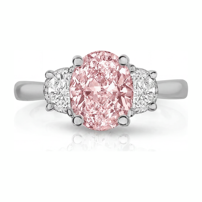 3.5 Carat Oval Pink Lab Grown Diamond and White Diamond Three Stone Ring 14K White Gold