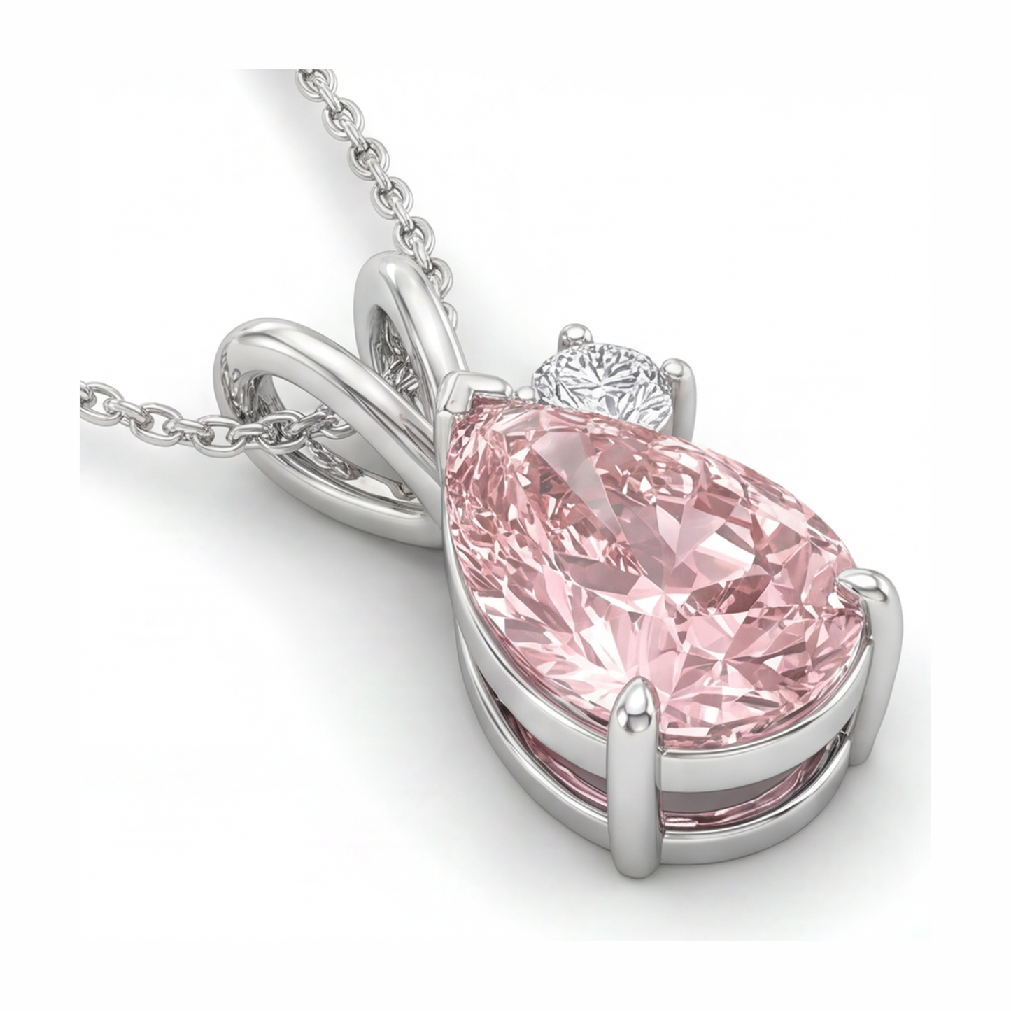 3.5 Carat Pear Pink Lab Grown Diamond and White Diamond Bypass Pendant 14K White Gold