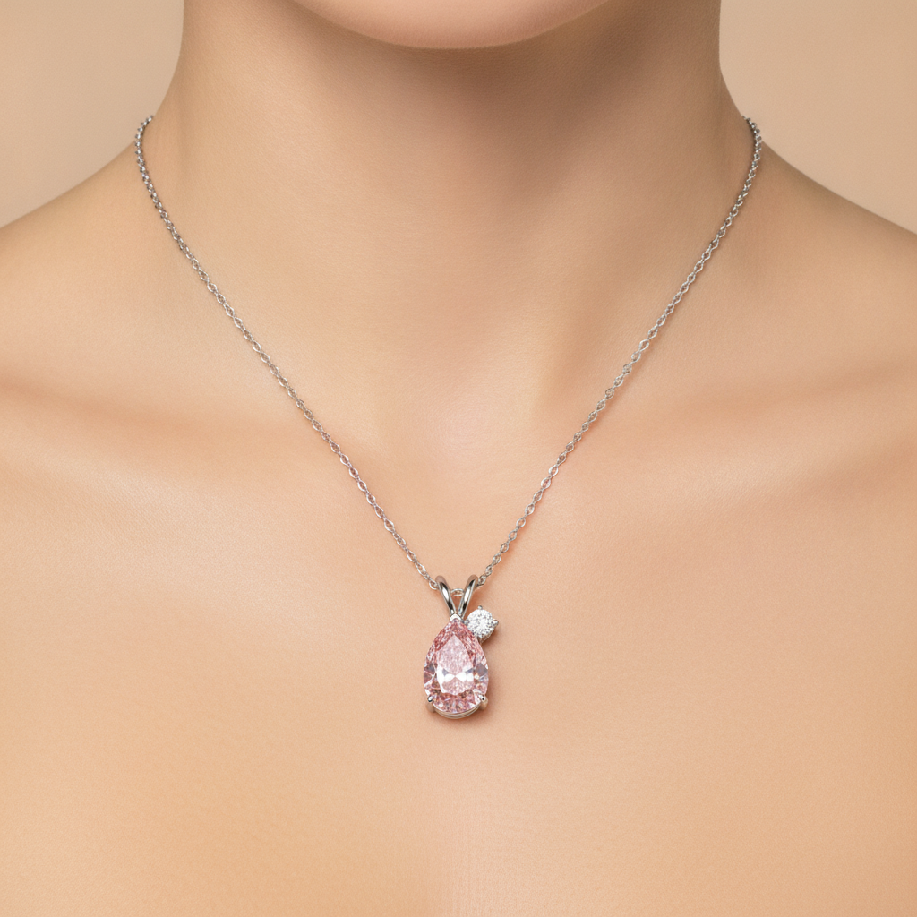 3.5 Carat Pear Pink Lab Grown Diamond and White Diamond Bypass Pendant 14K White Gold worn