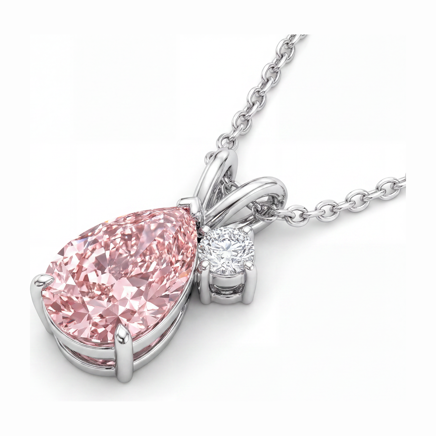 3.5 Carat Pear Pink Lab Grown Diamond and White Diamond Bypass Pendant 14K White Gold