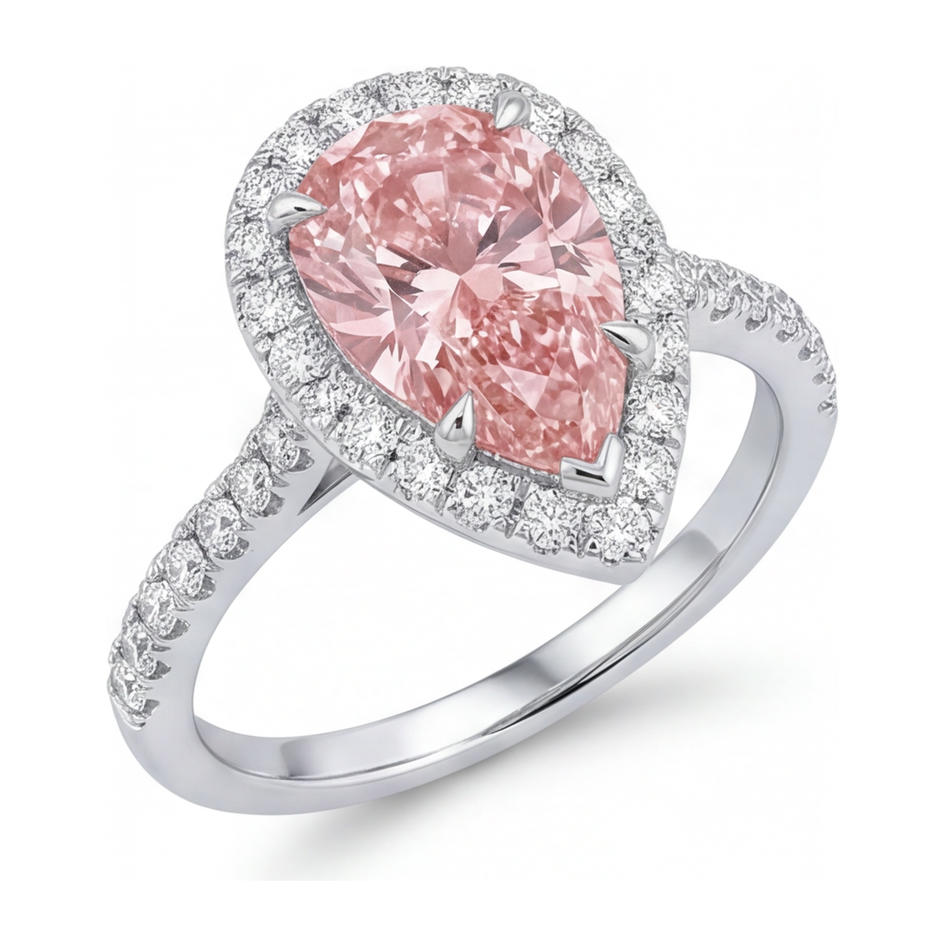 3.5 Carat Pear Pink Lab Grown Diamond and White Diamond Halo Ring 14K White Gold