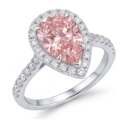 3.5 Carat Pear Pink Lab Grown Diamond and White Diamond Halo Ring 14K White Gold