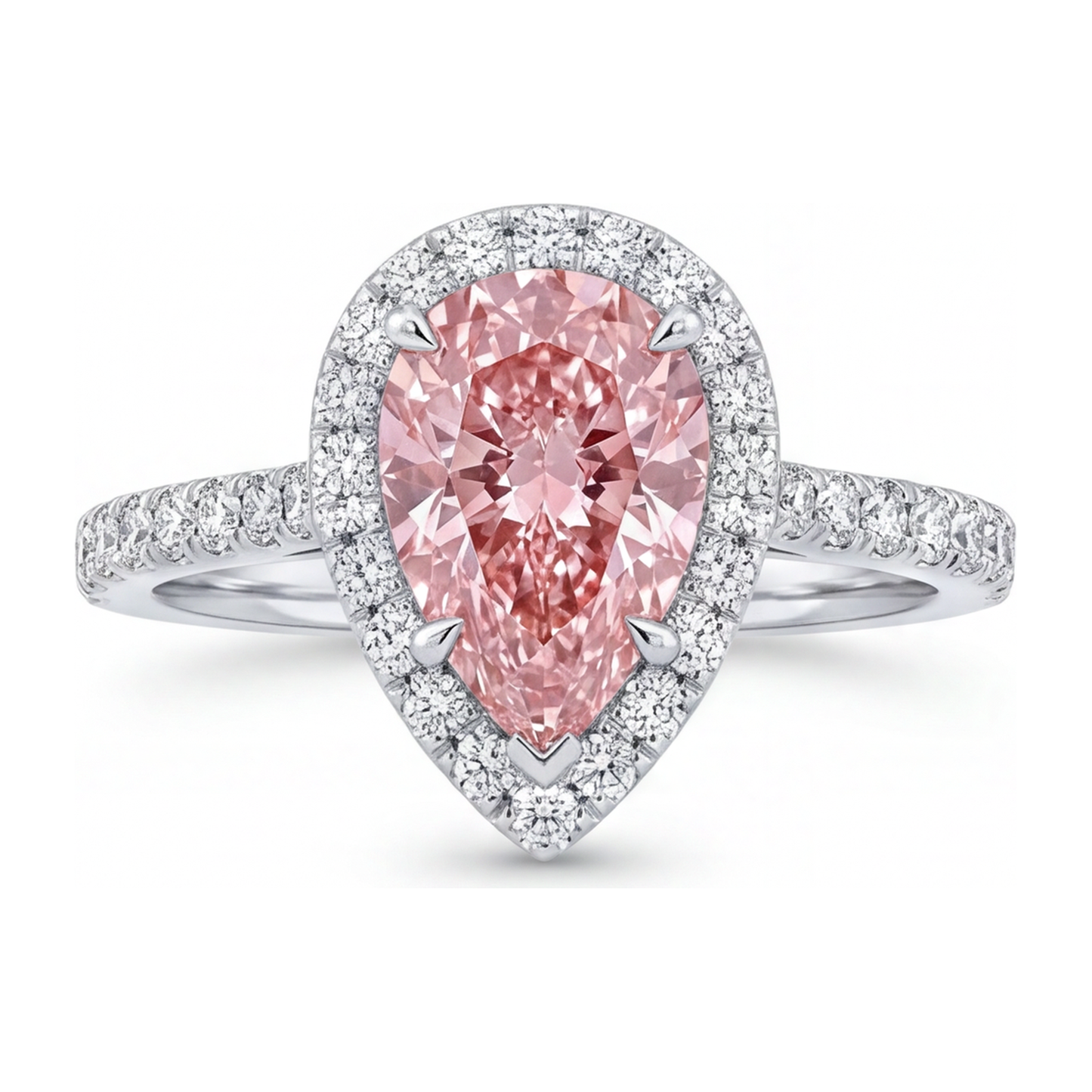 3.5 Carat Pear Pink Lab Grown Diamond and White Diamond Halo Ring 14K White Gold
