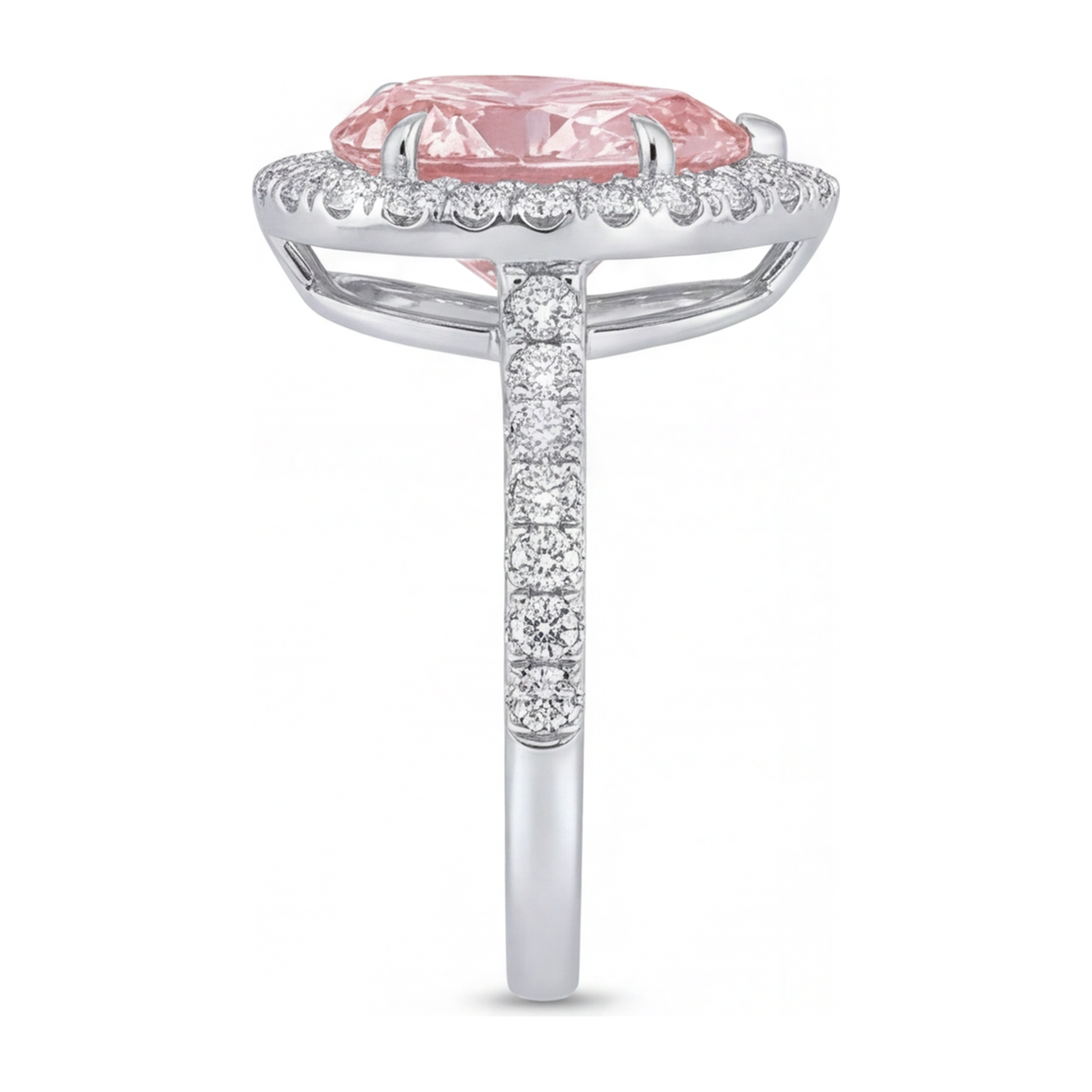 3.5 Carat Pear Pink Lab Grown Diamond and White Diamond Halo Ring 14K White Gold