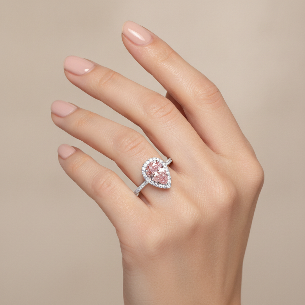 3.5 Carat Pear Pink Lab Grown Diamond and White Diamond Halo Ring 14K White Gold worn