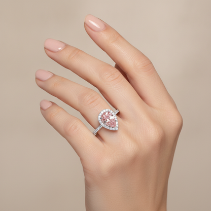 3.5 Carat Pear Pink Lab Grown Diamond and White Diamond Halo Ring 14K White Gold worn