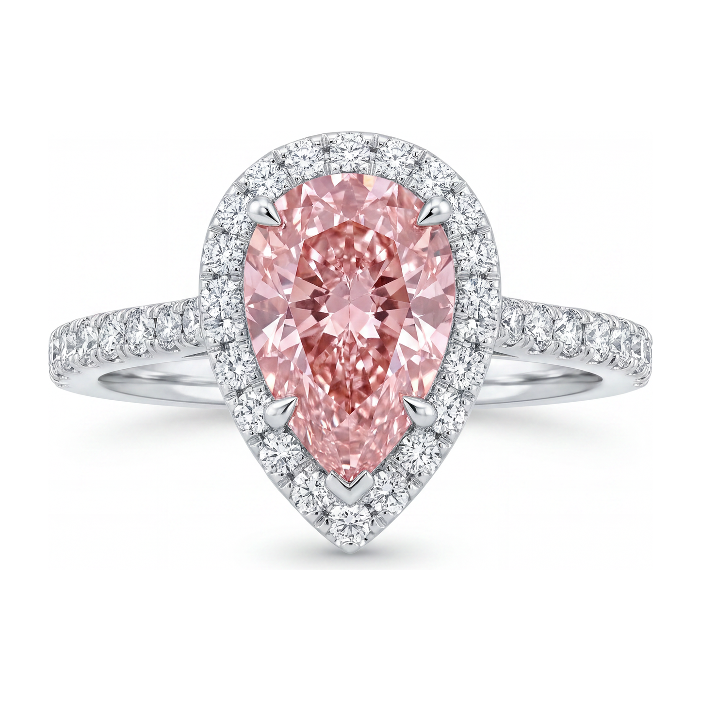 3.5 Carat Pear Pink Lab Grown Diamond and White Diamond Halo Ring 14K White Gold