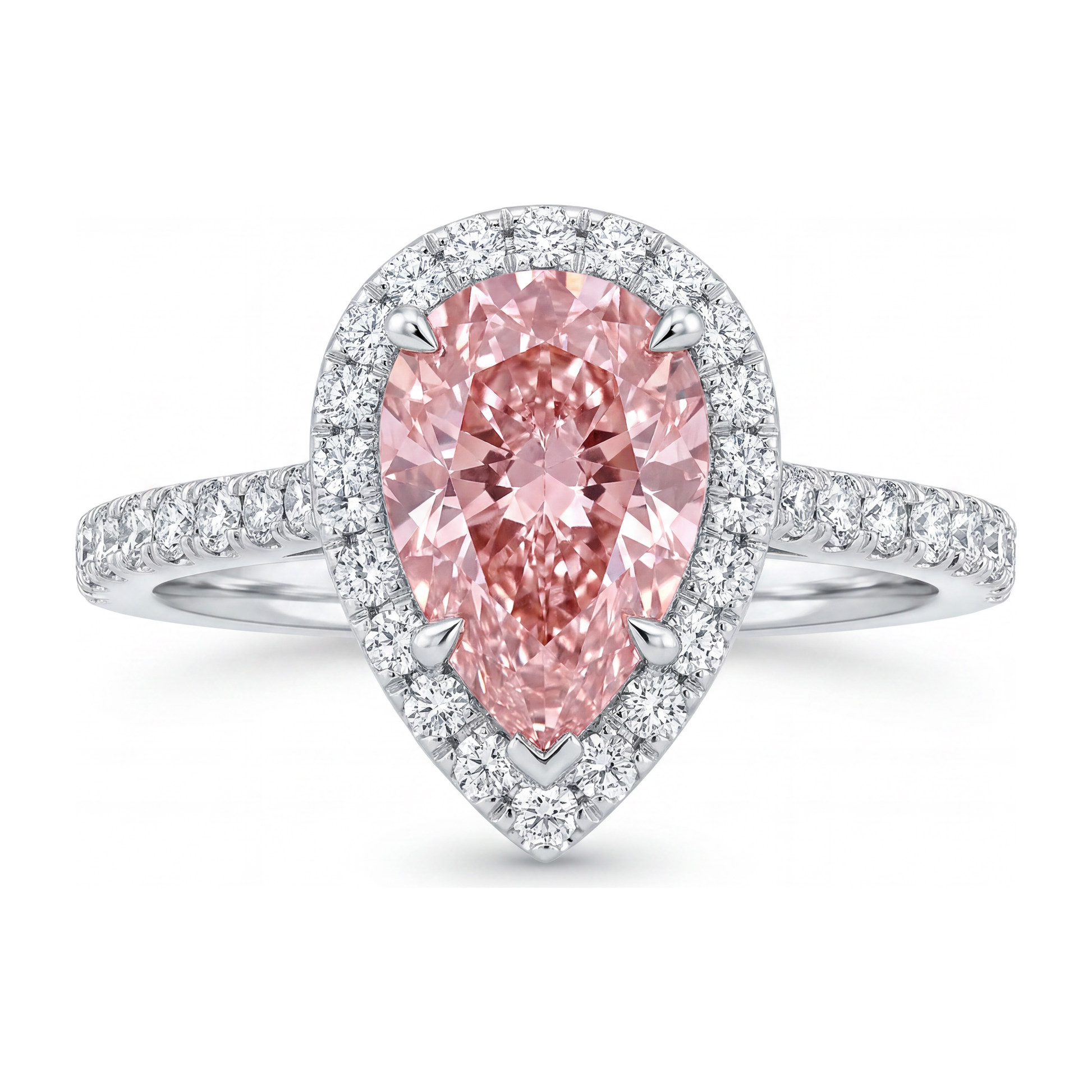 3.5 Carat Pear Pink Lab Grown Diamond and White Diamond Halo Ring 14K White Gold