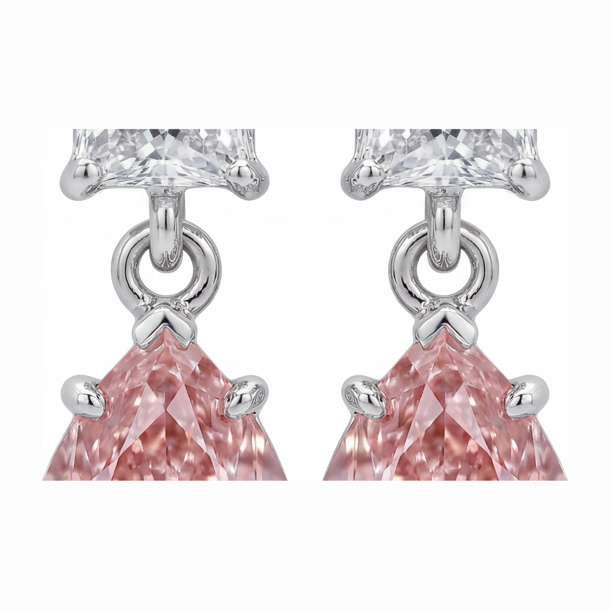 3.5 Carat Pear Pink Lab Grown Diamond and White Diamond Solitaire Earrings 14K White Gold