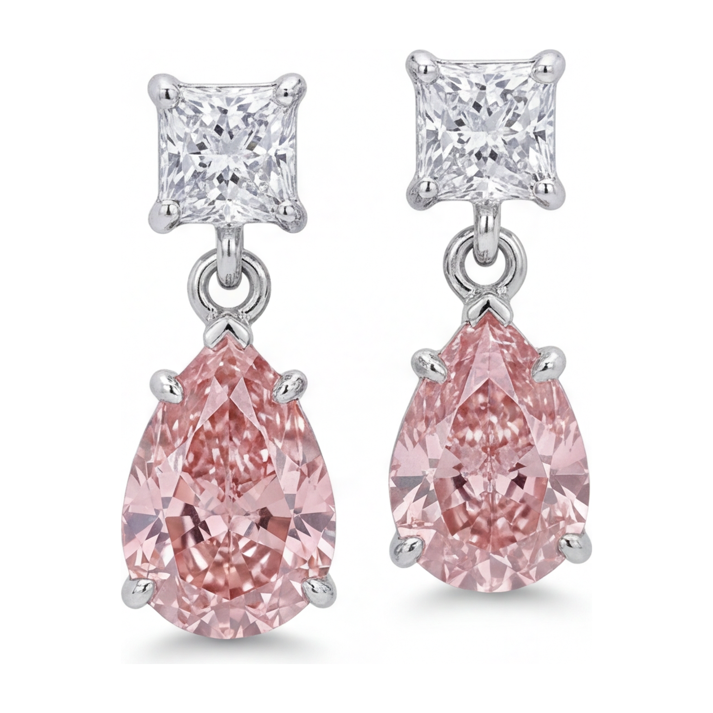 3.5 Carat Pear Pink Lab Grown Diamond and White Diamond Solitaire Earrings 14K White Gold