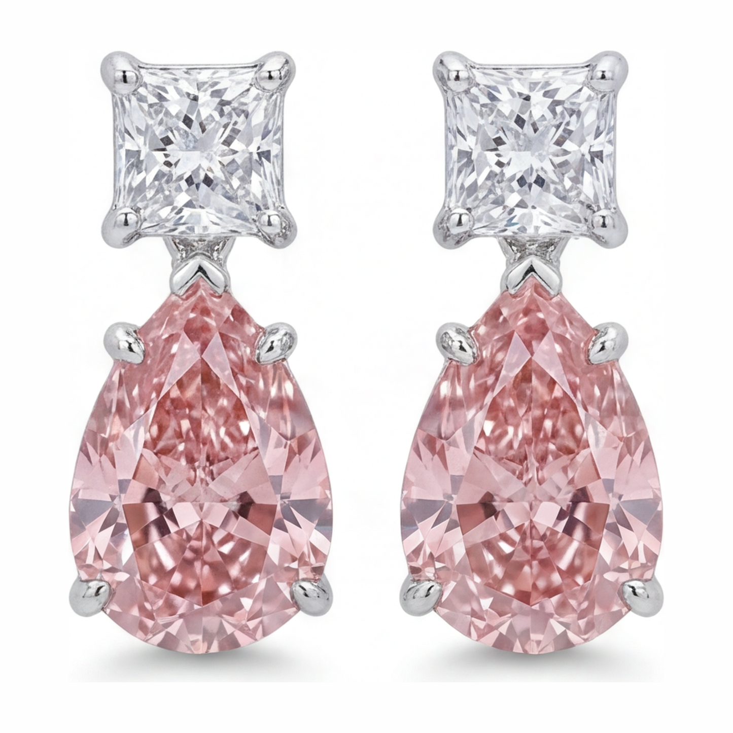 3.5 Carat Pear Pink Lab Grown Diamond and White Diamond Solitaire Earrings 14K White Gold