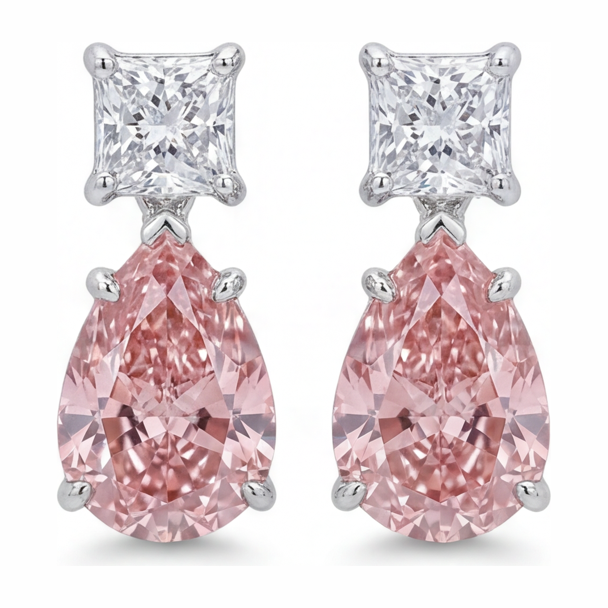 3.5 Carat Pear Pink Lab Grown Diamond and White Diamond Solitaire Earrings 14K White Gold