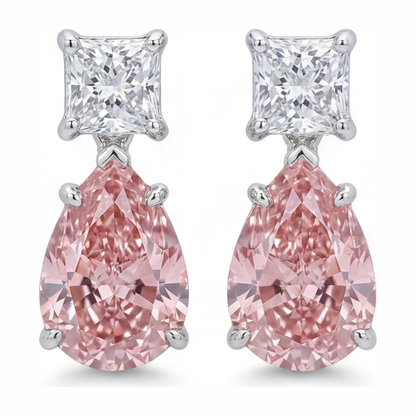 3.5 Carat Pear Pink Lab Grown Diamond and White Diamond Solitaire Earrings 14K White Gold