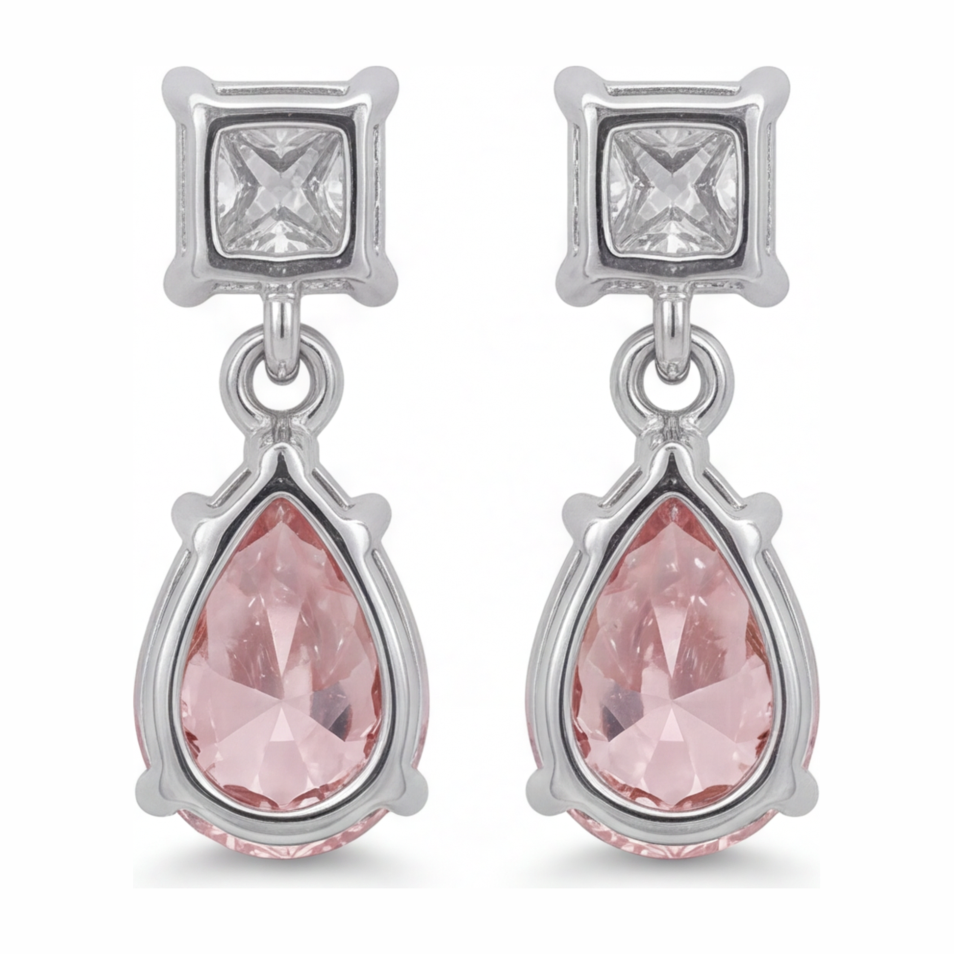 3.5 Carat Pear Pink Lab Grown Diamond and White Diamond Solitaire Earrings 14K White Gold