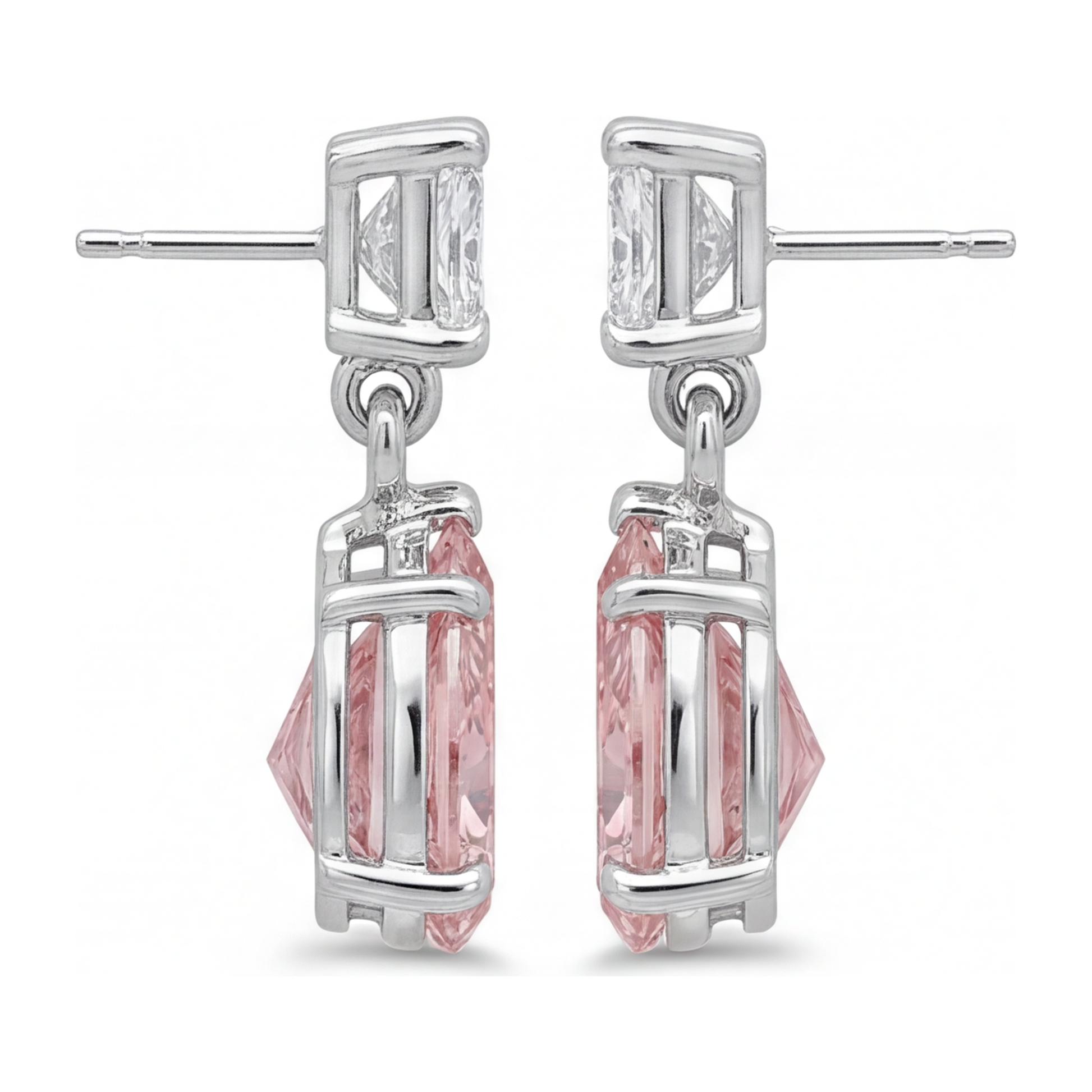 3.5 Carat Pear Pink Lab Grown Diamond and White Diamond Solitaire Earrings 14K White Gold