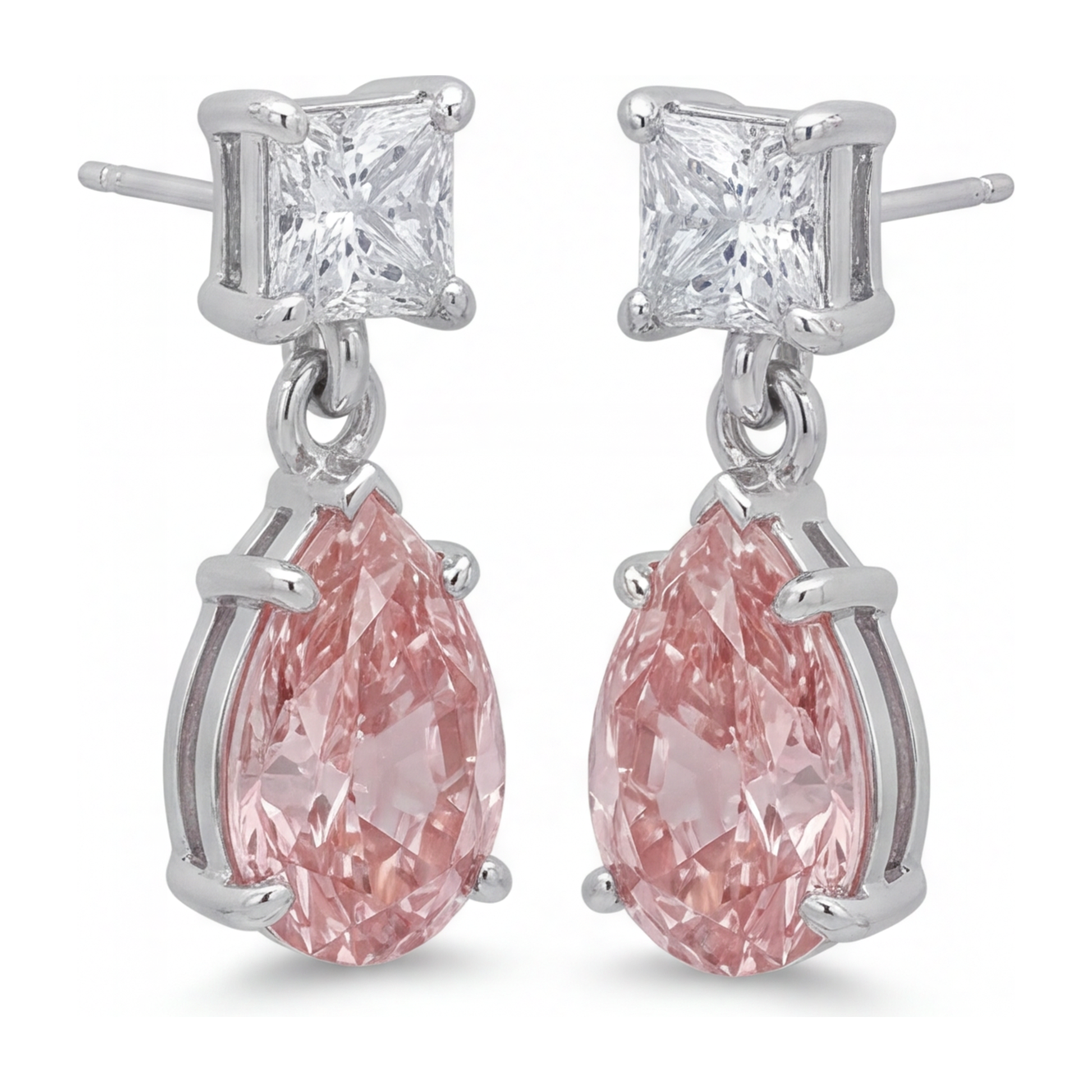 3.5 Carat Pear Pink Lab Grown Diamond and White Diamond Solitaire Earrings 14K White Gold