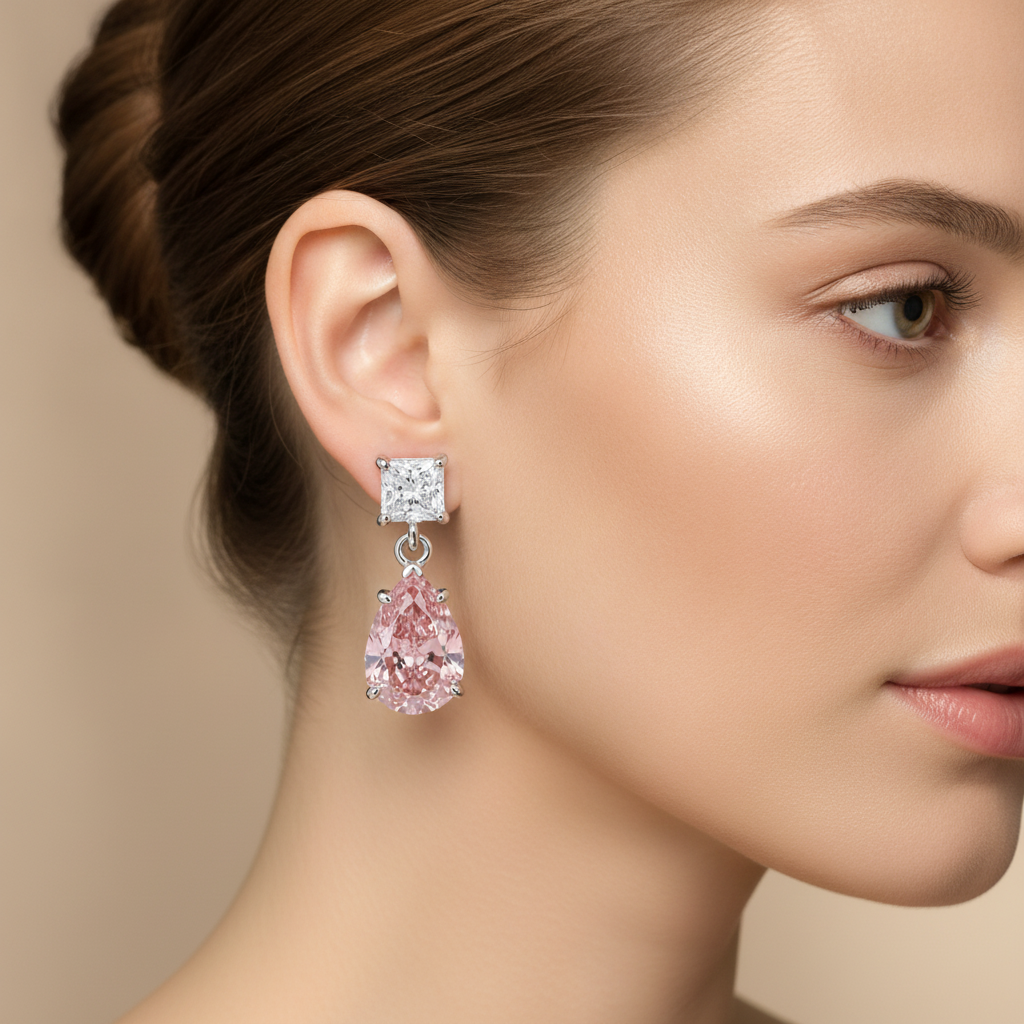 3.5 Carat Pear Pink Lab Grown Diamond and White Diamond Solitaire Earrings 14K White Gold worn on ear