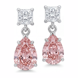 3.5 Carat Pear Pink Lab Grown Diamond and White Diamond Solitaire Earrings 14K White Gold