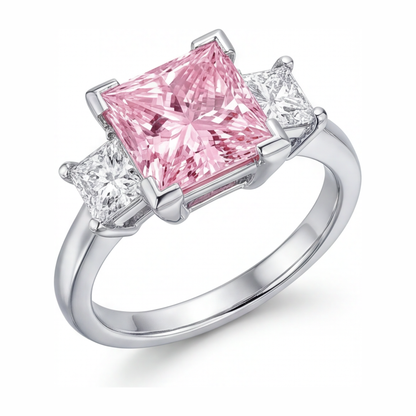 3.5 Carat Princess Pink Lab Grown Diamond and White Diamond Three Stone Ring 14K White Gold