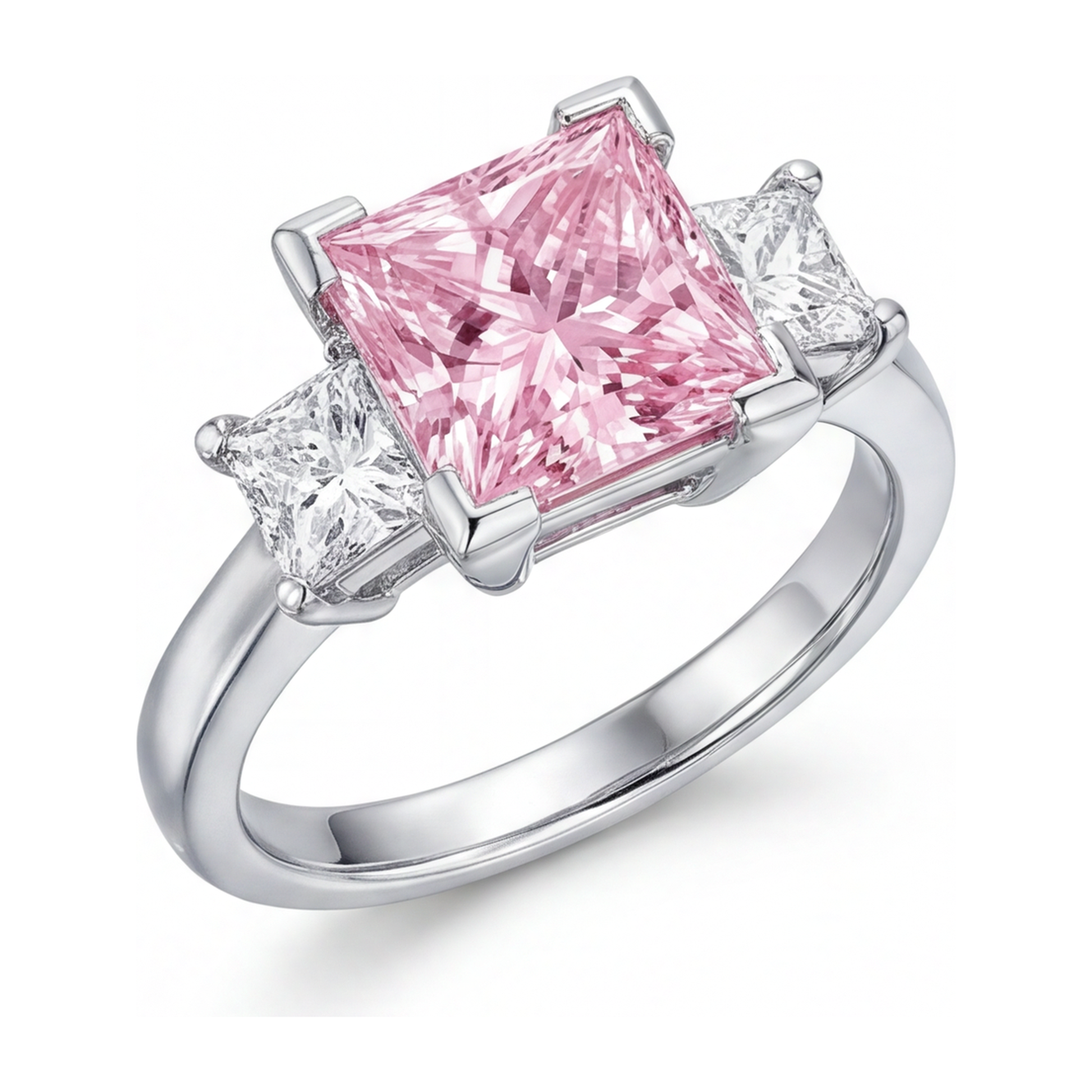 3.5 Carat Princess Pink Lab Grown Diamond and White Diamond Three Stone Ring 14K White Gold