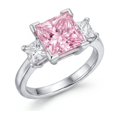 3.5 Carat Princess Pink Lab Grown Diamond and White Diamond Three Stone Ring 14K White Gold