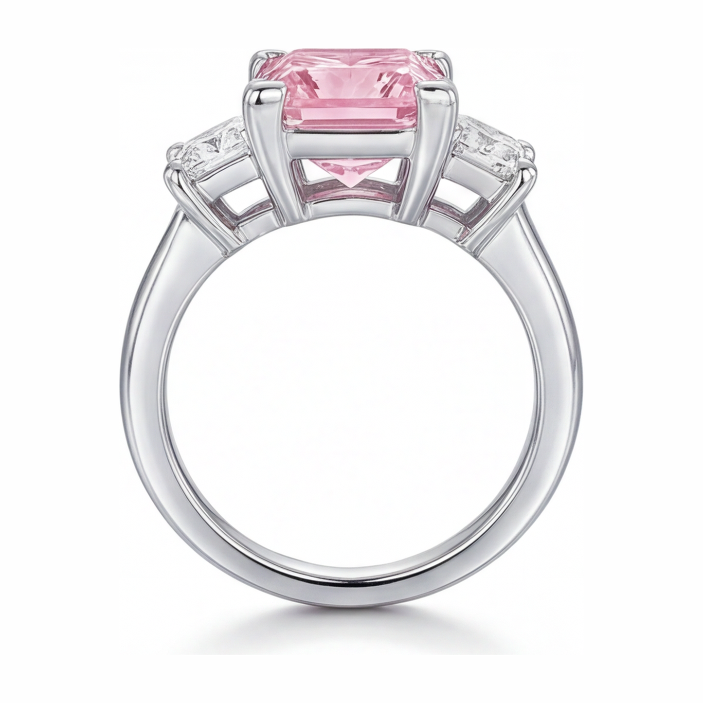 3.5 Carat Princess Pink Lab Grown Diamond and White Diamond Three Stone Ring 14K White Gold