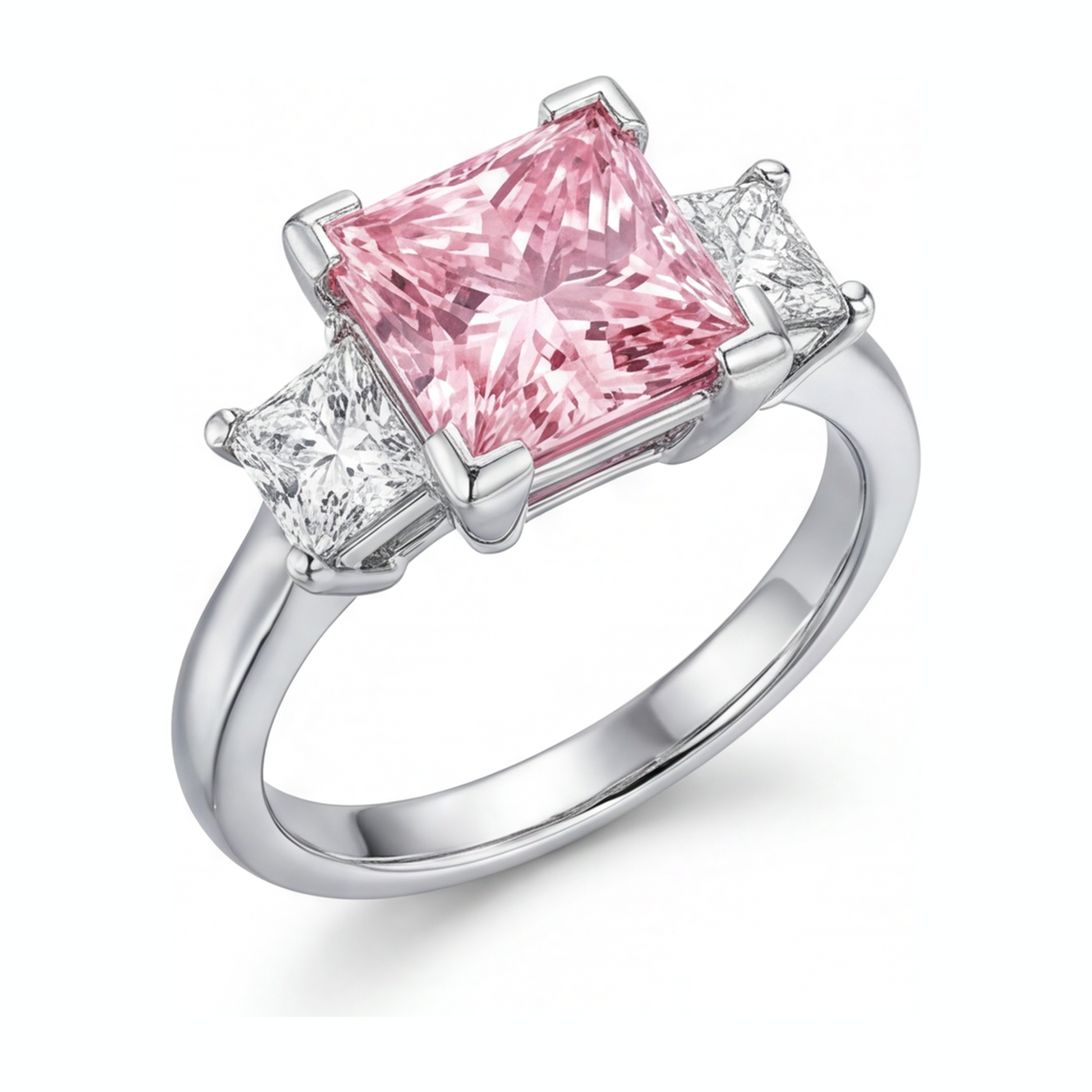 3.5 Carat Princess Pink Lab Grown Diamond and White Diamond Three Stone Ring 14K White Gold