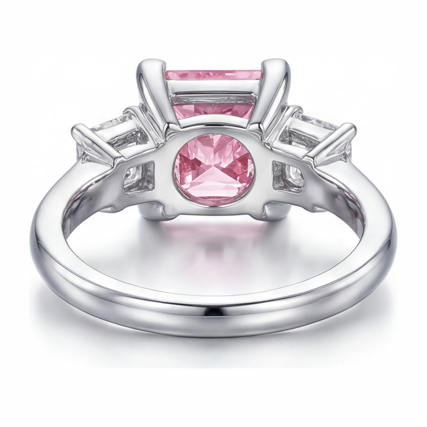 3.5 Carat Princess Pink Lab Grown Diamond and White Diamond Three Stone Ring 14K White Gold