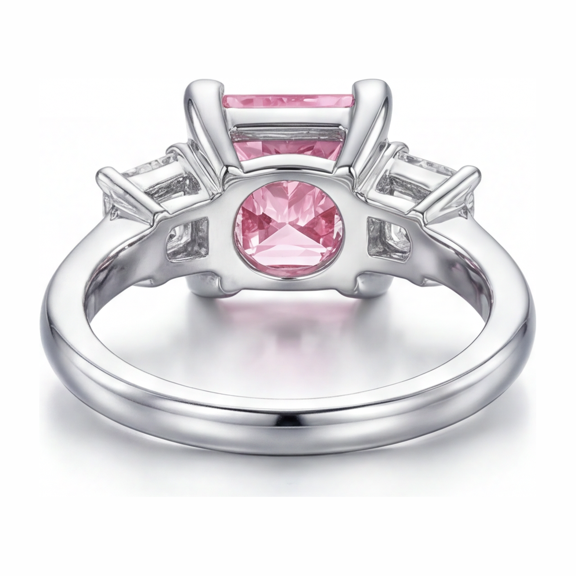 3.5 Carat Princess Pink Lab Grown Diamond and White Diamond Three Stone Ring 14K White Gold