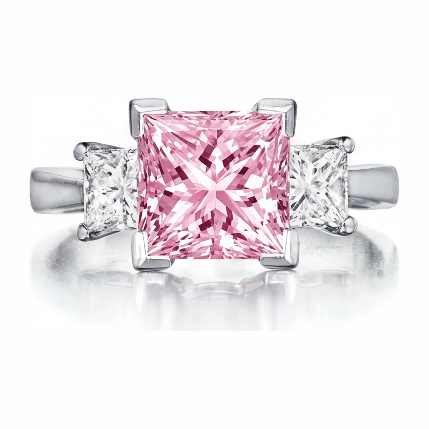 3.5 Carat Princess Pink Lab Grown Diamond and White Diamond Three Stone Ring 14K White Gold