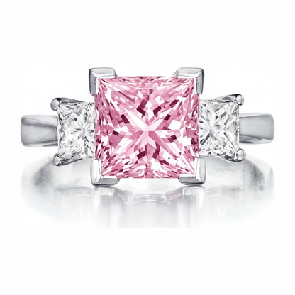 3.5 Carat Princess Pink Lab Grown Diamond and White Diamond Three Stone Ring 14K White Gold