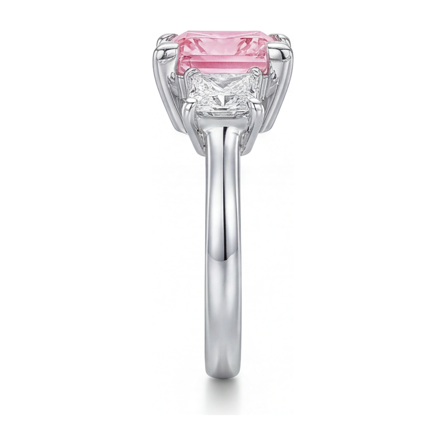 3.5 Carat Princess Pink Lab Grown Diamond and White Diamond Three Stone Ring 14K White Gold