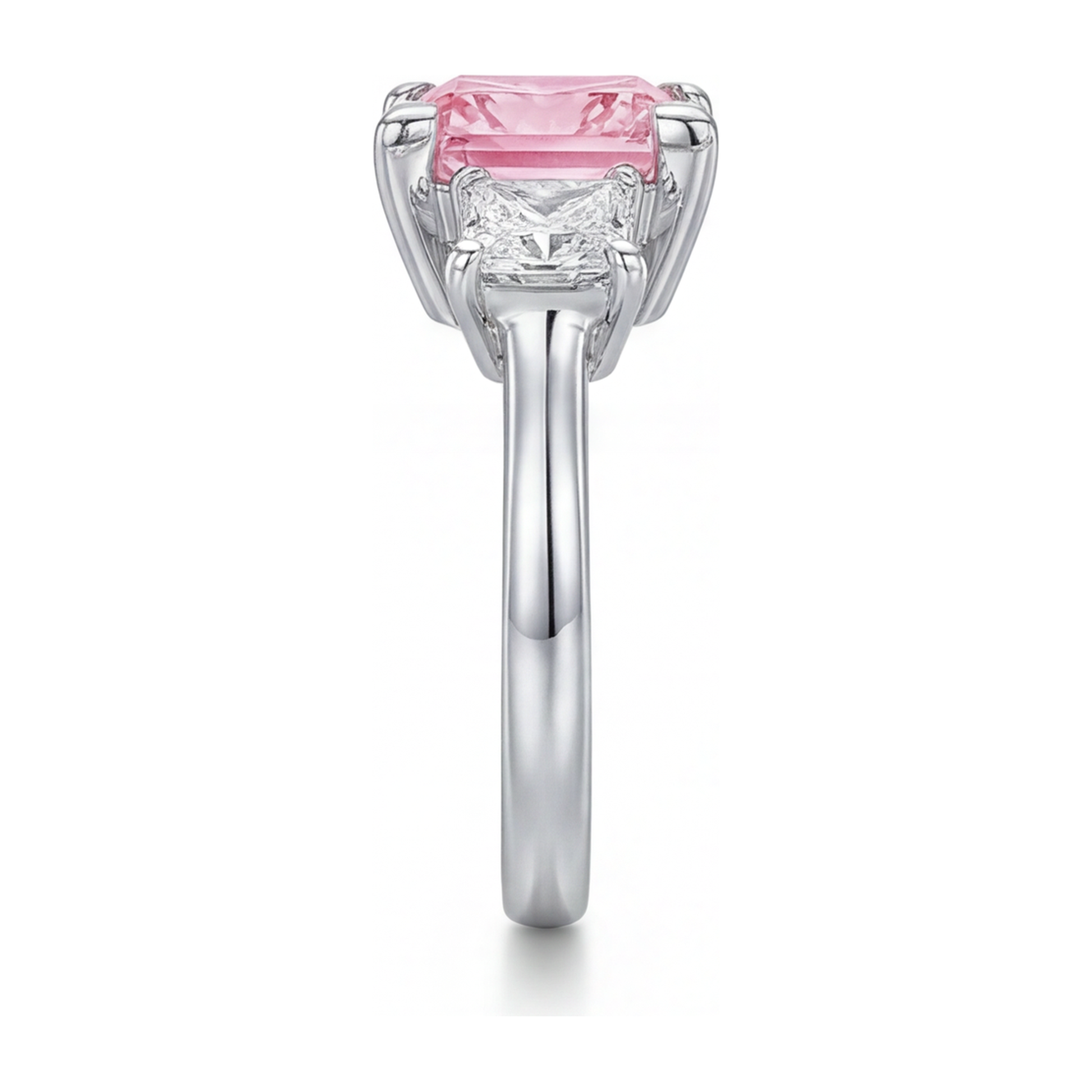 3.5 Carat Princess Pink Lab Grown Diamond and White Diamond Three Stone Ring 14K White Gold
