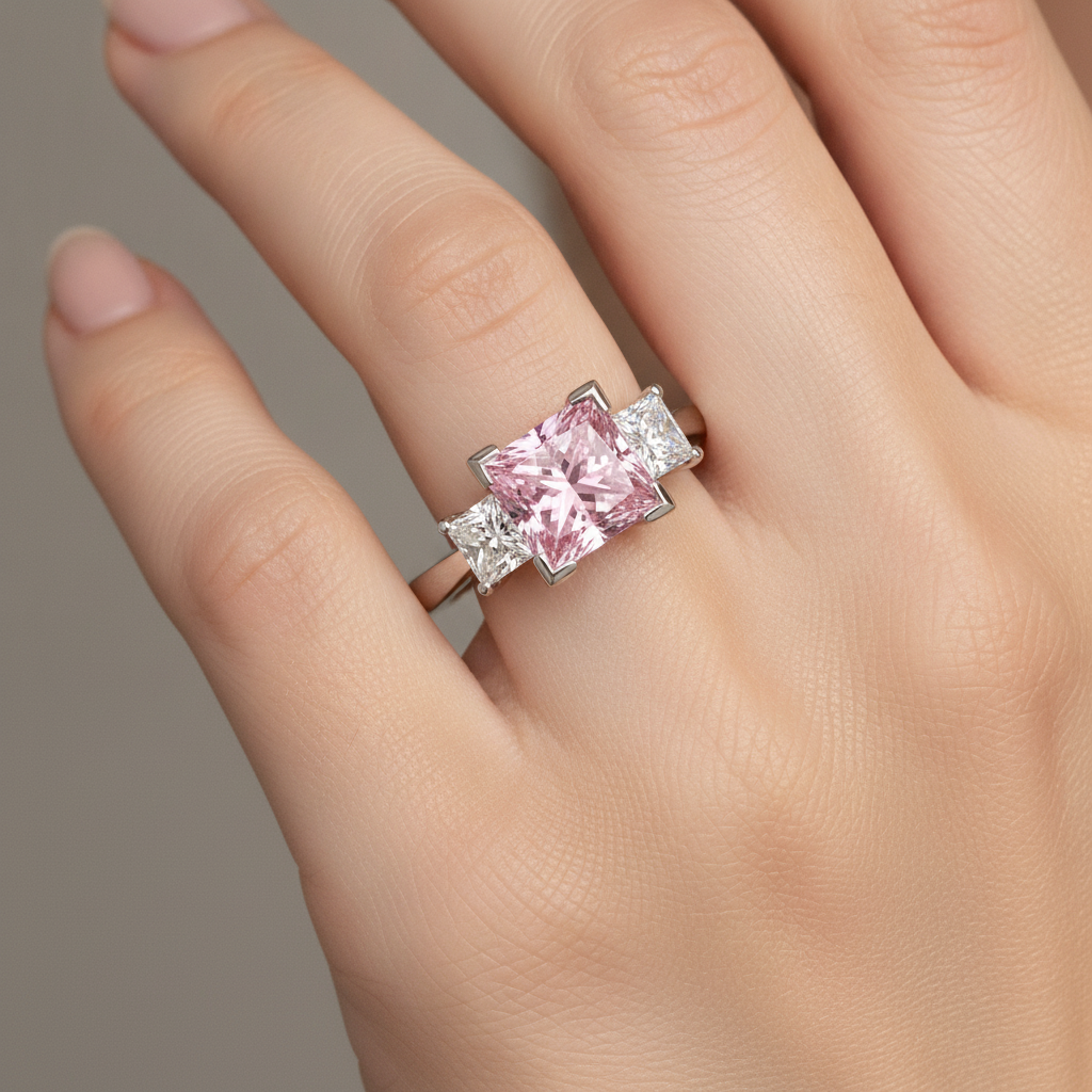 3.5 Carat Princess Pink Lab Grown Diamond and White Diamond Three Stone Ring 14K White Gold worn