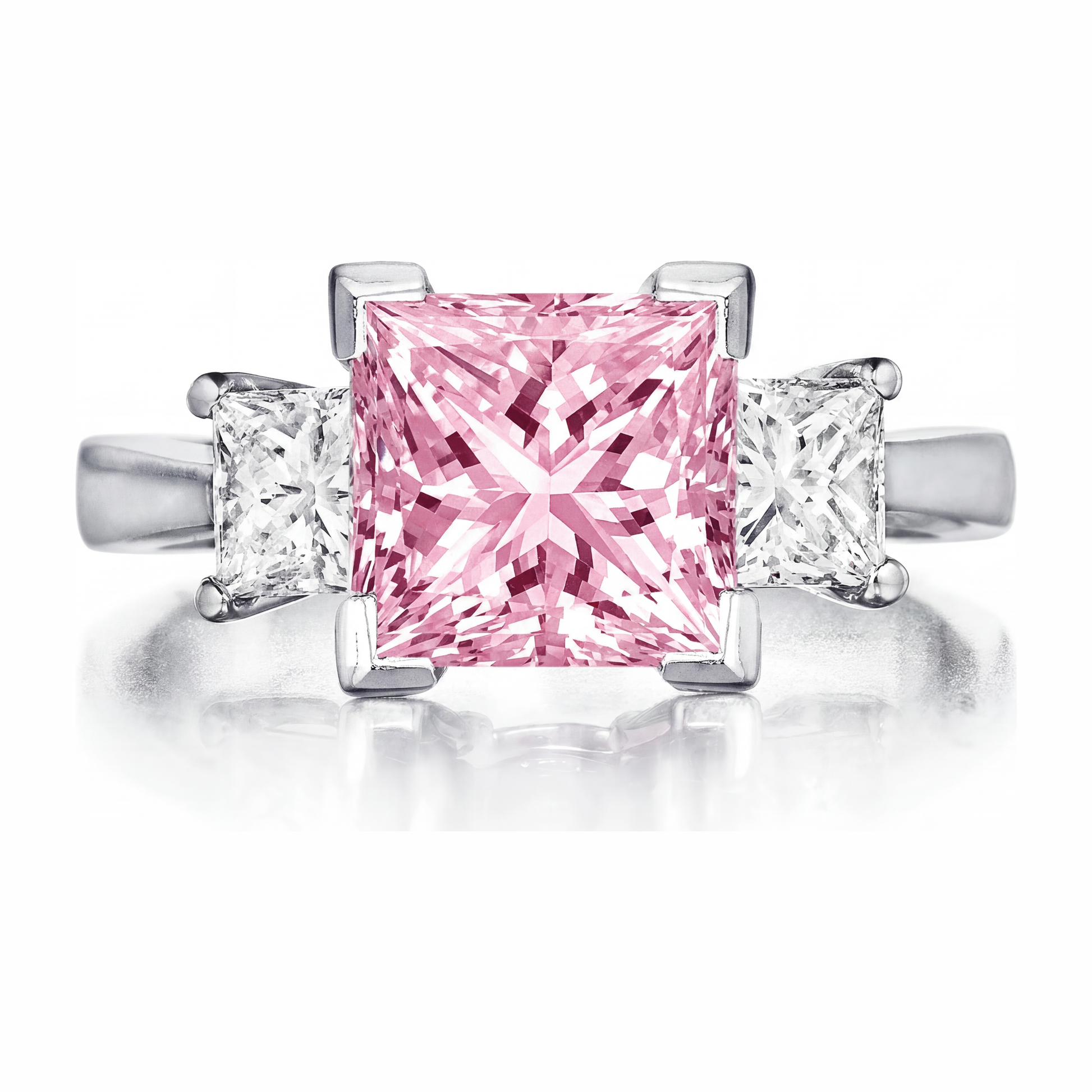3.5 Carat Princess Pink Lab Grown Diamond and White Diamond Three Stone Ring 14K White Gold
