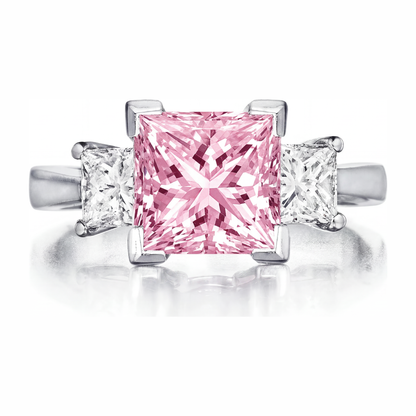 3.5 Carat Princess Pink Lab Grown Diamond and White Diamond Three Stone Ring 14K White Gold