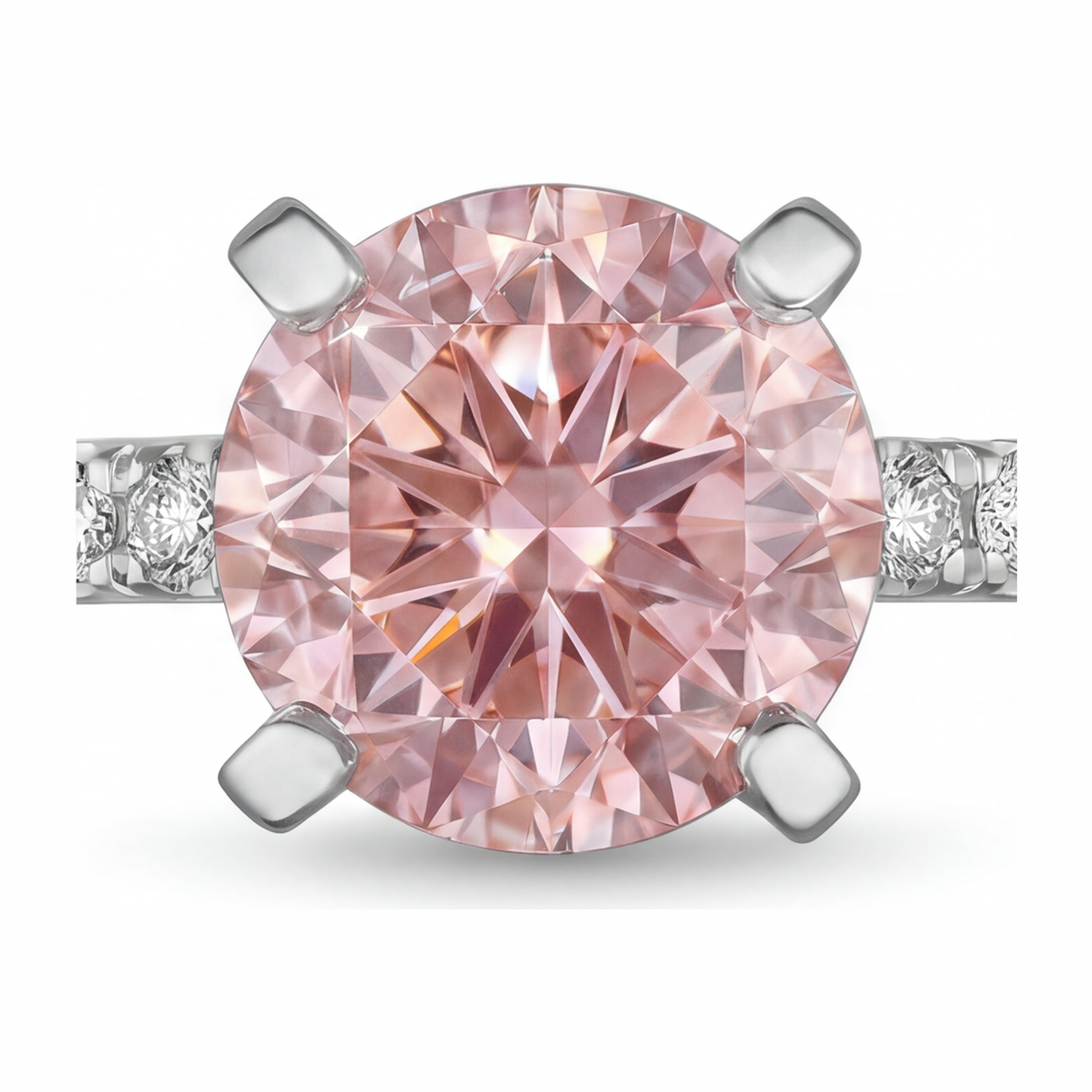 3.5 Carat Round Pink Lab Grown Diamond and White Diamond Pave Ring 14K White Gold