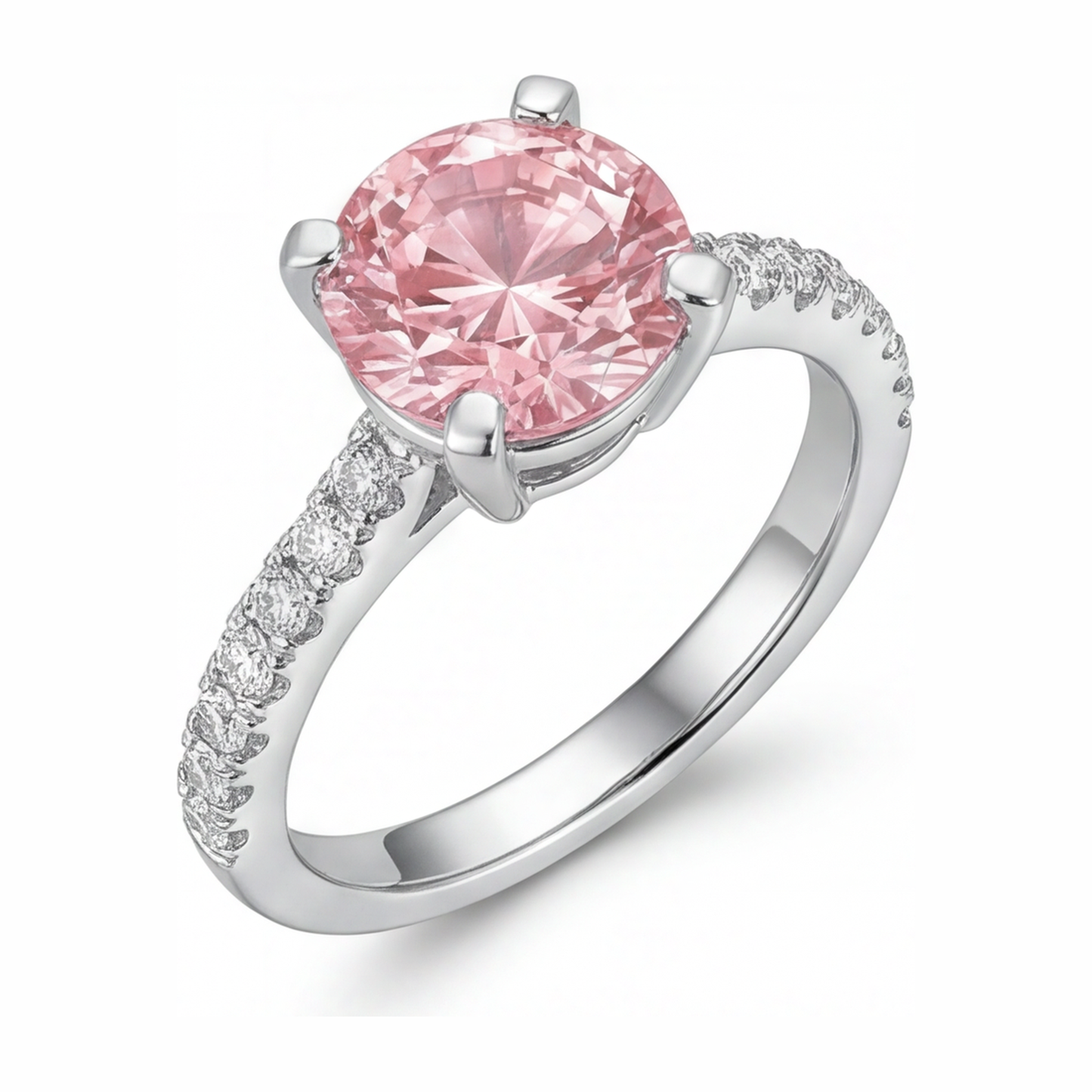 3.5 Carat Round Pink Lab Grown Diamond and White Diamond Pave Ring 14K White Gold