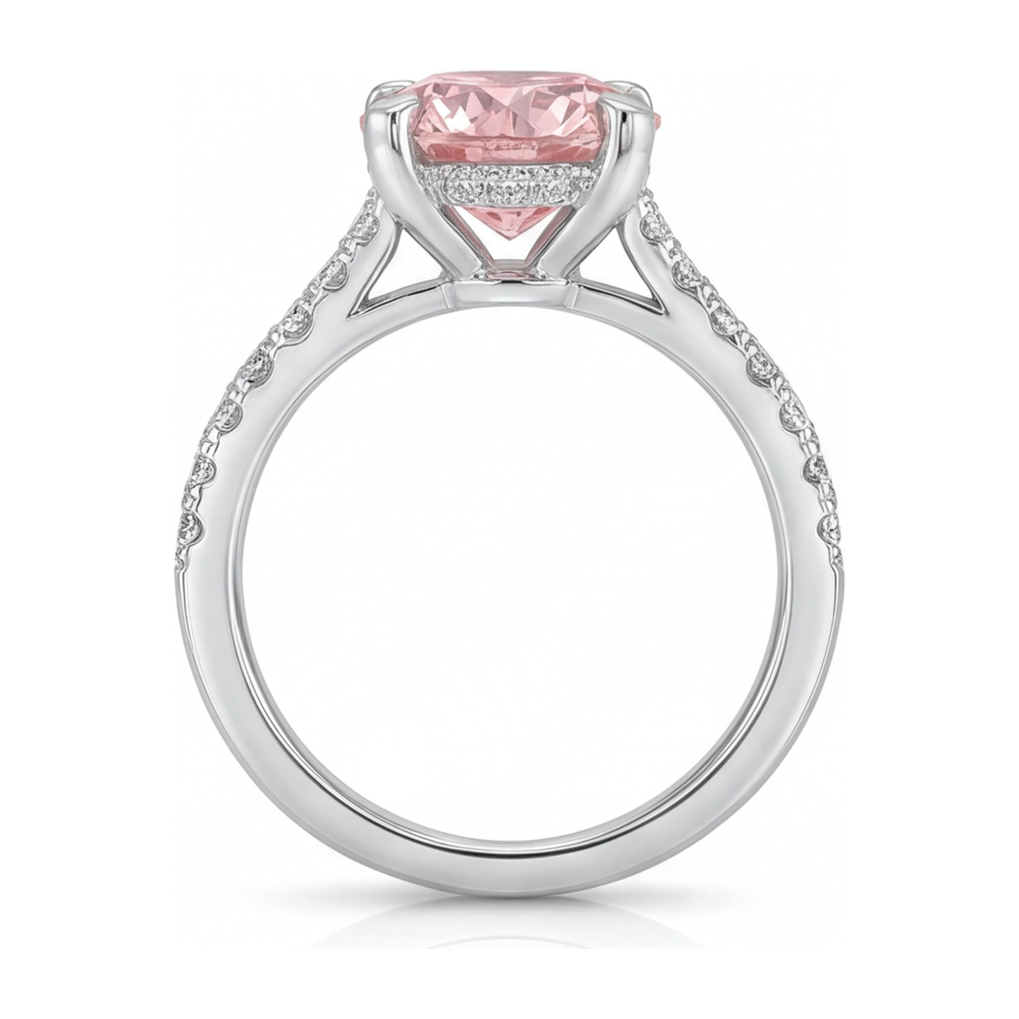 3.5 Carat Round Pink Lab Grown Diamond and White Diamond Pave Ring 14K White Gold