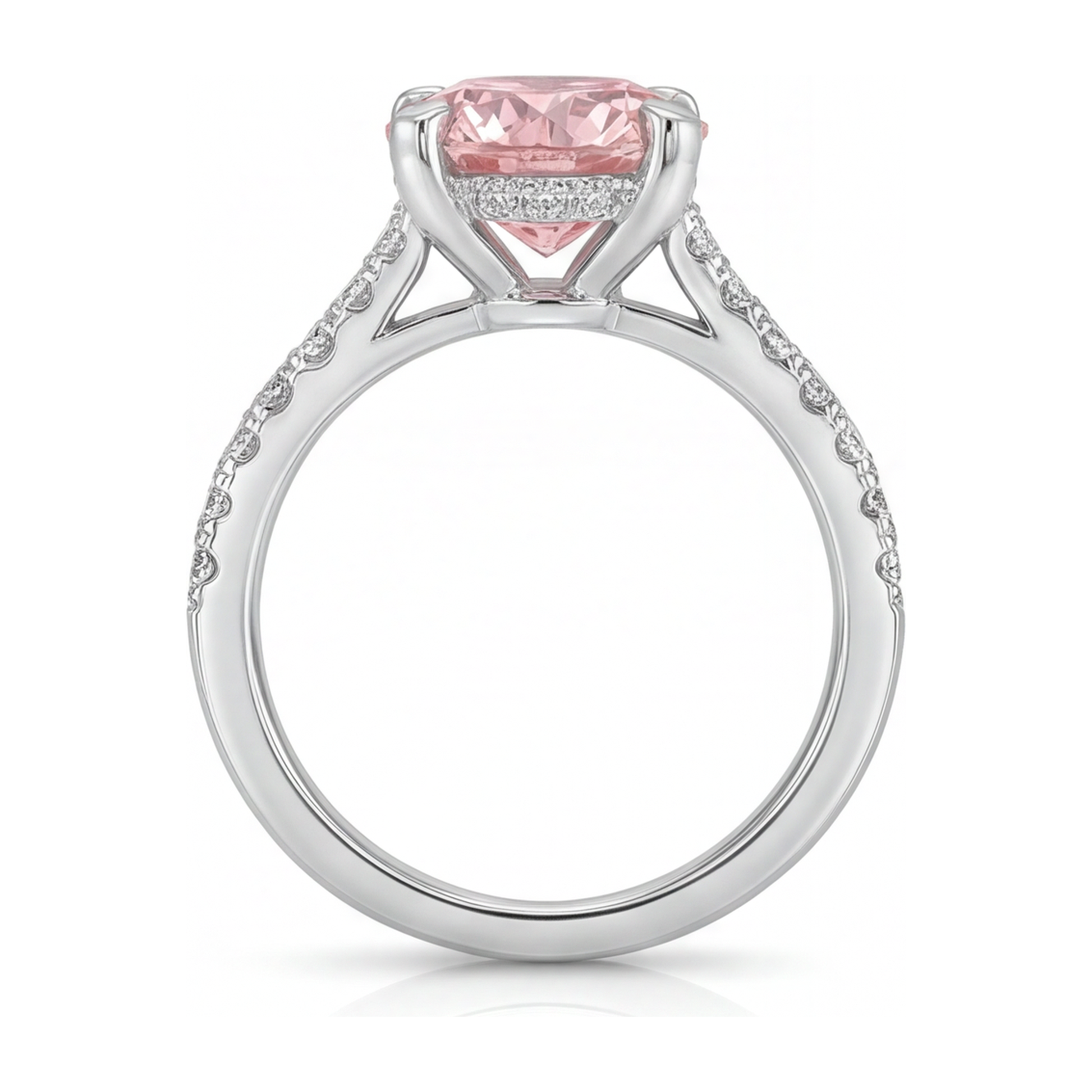 3.5 Carat Round Pink Lab Grown Diamond and White Diamond Pave Ring 14K White Gold