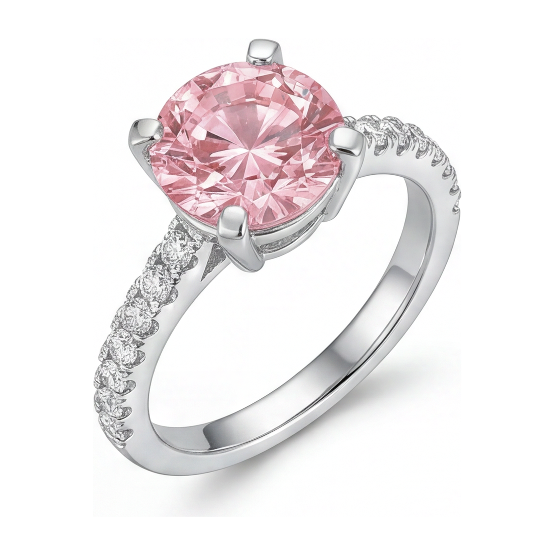 3.5 Carat Round Pink Lab Grown Diamond and White Diamond Pave Ring 14K White Gold