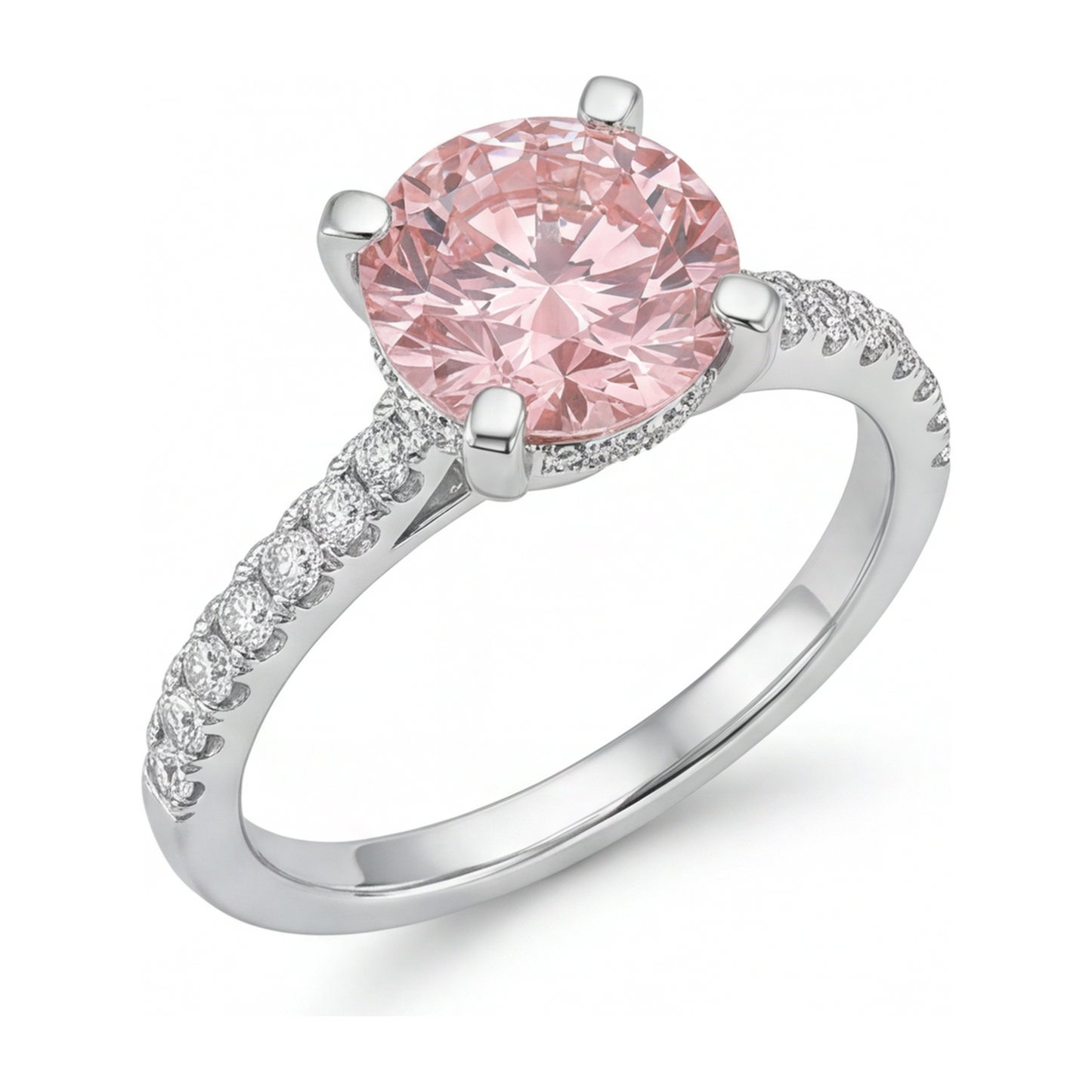 3.5 Carat Round Pink Lab Grown Diamond and White Diamond Pave Ring 14K White Gold