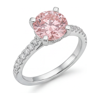 3.5 Carat Round Pink Lab Grown Diamond and White Diamond Pave Ring 14K White Gold