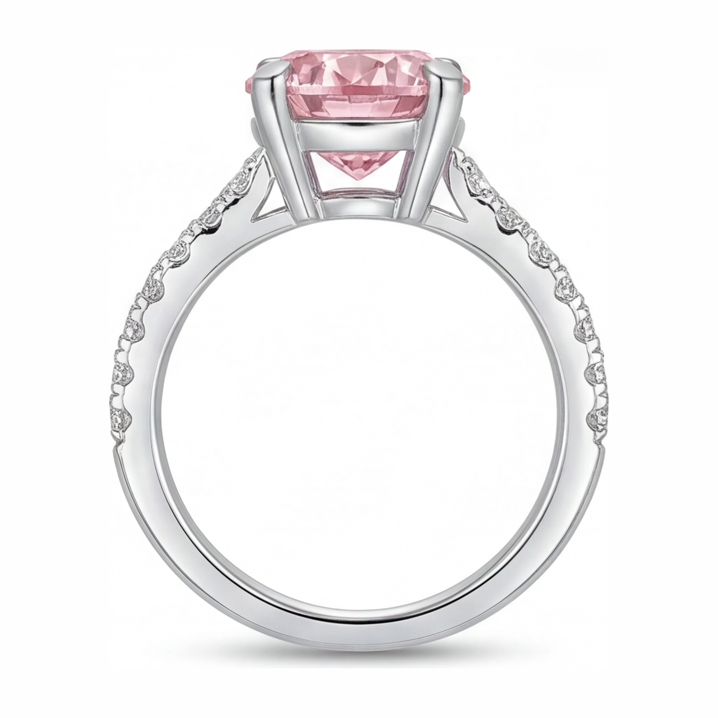 3.5 Carat Round Pink Lab Grown Diamond and White Diamond Pave Ring 14K White Gold