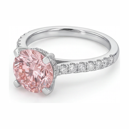 3.5 Carat Round Pink Lab Grown Diamond and White Diamond Pave Ring 14K White Gold