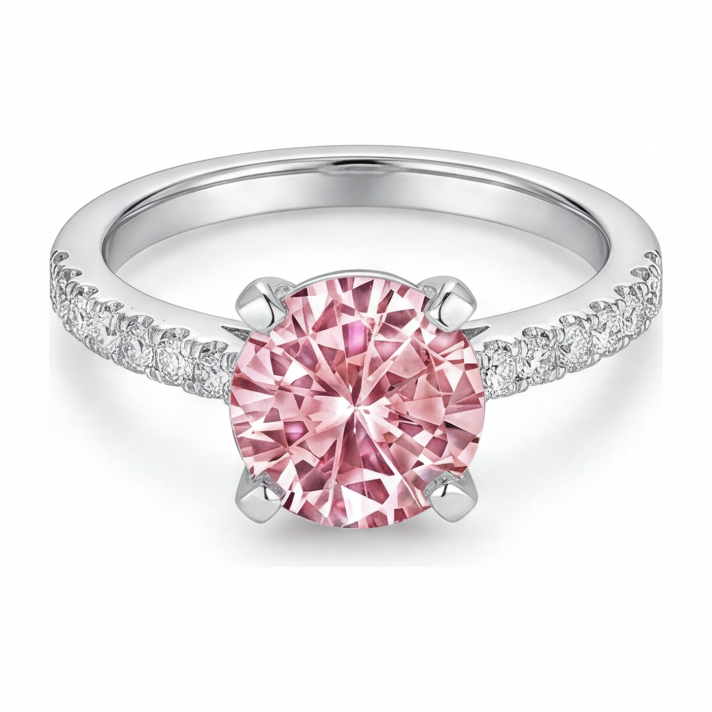 3.5 Carat Round Pink Lab Grown Diamond and White Diamond Pave Ring 14K White Gold