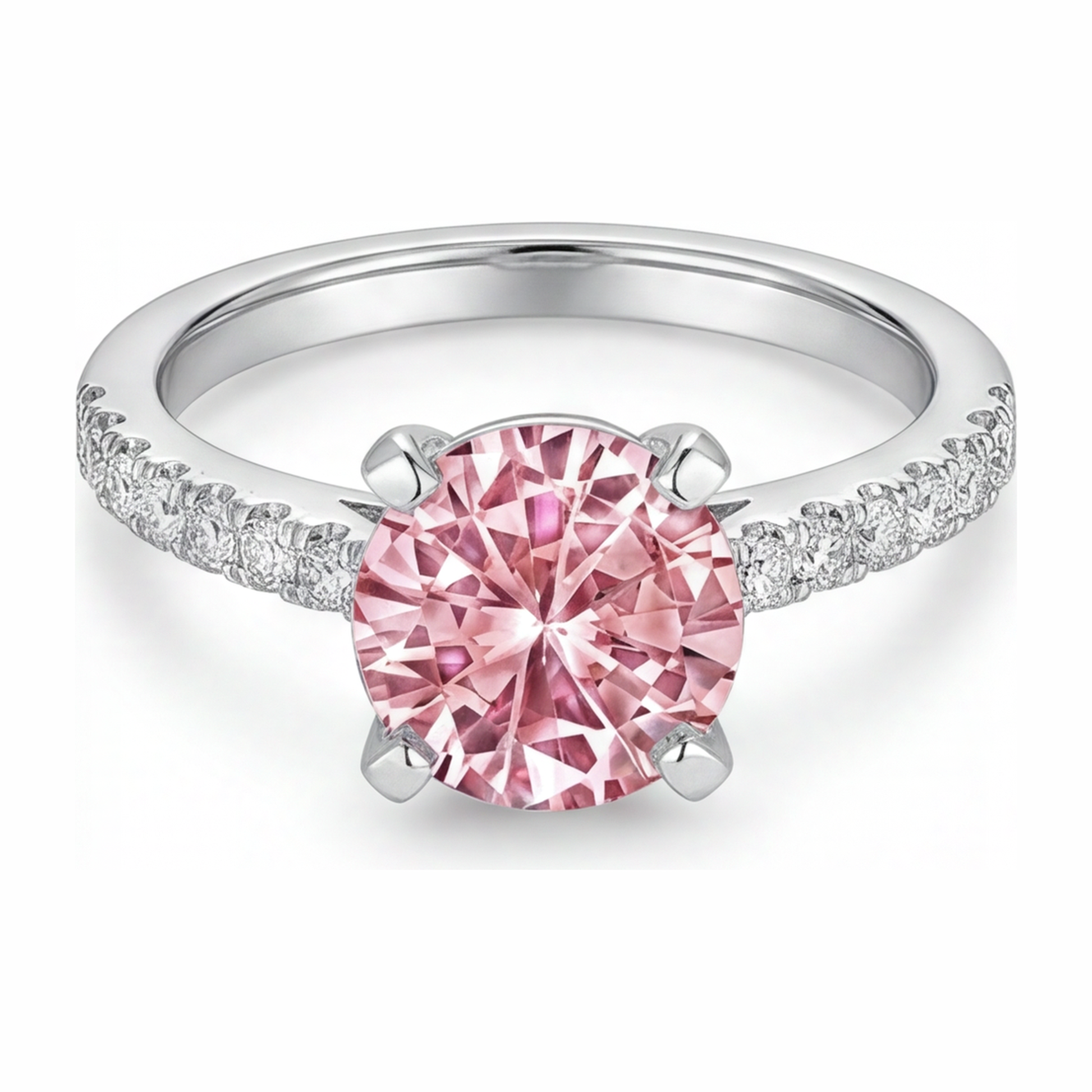 3.5 Carat Round Pink Lab Grown Diamond and White Diamond Pave Ring 14K White Gold